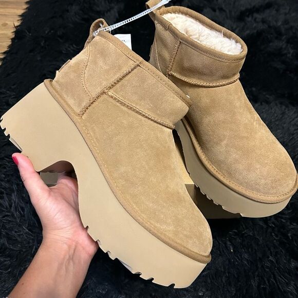 UGG mustard seed wool platform heeled ankle boots booties shoes women’s 9 new - Picture 1 of 9